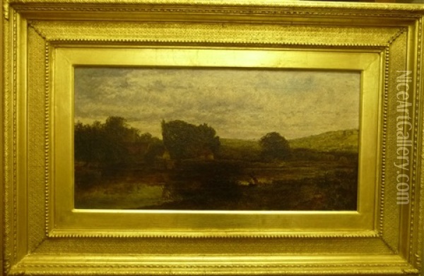 River Landscape With An Angler In The Foreground Oil Painting - William Herbert Allen