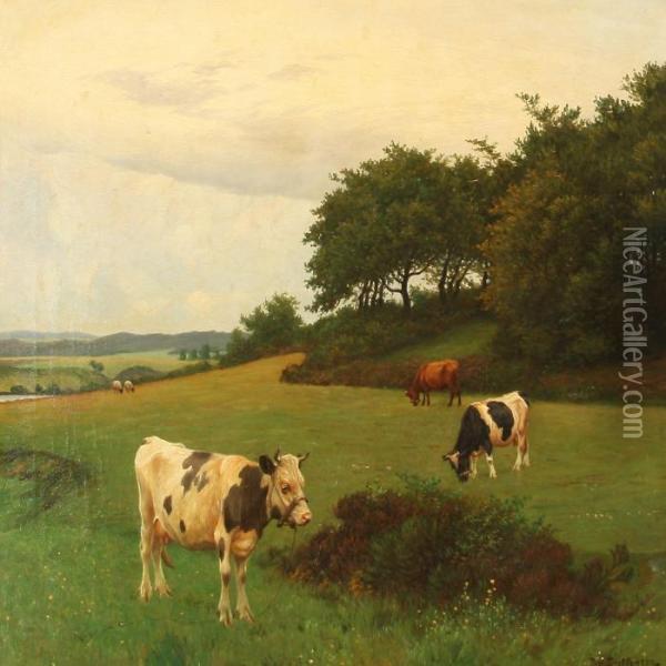 Summer Day Withgrazing Cows Oil Painting - Poul Steffensen