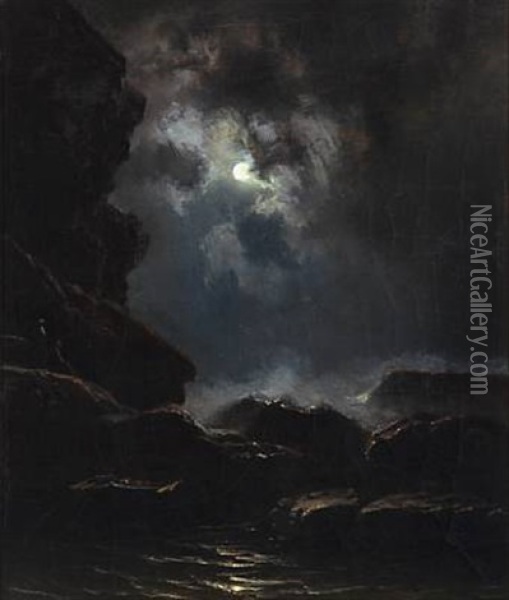 Rocky Coast At Moonlight Oil Painting - Knud Andreassen Baade