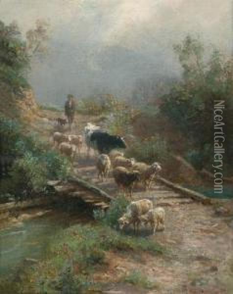 Shepherd Returning Home With His Flock Oil Painting - Emilie Mediz-Pelikan