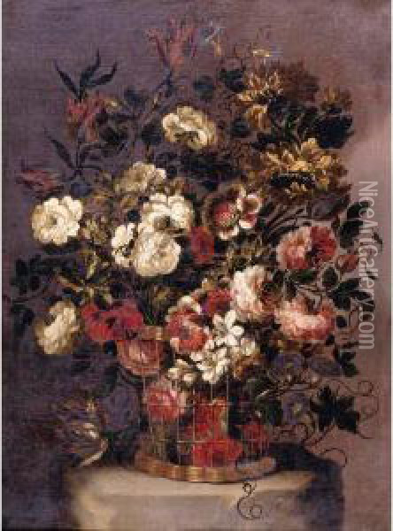 Still Life Of Flowers In A Woven Basket Oil Painting - Gabriel De La Corte