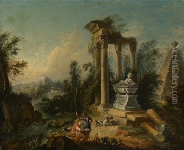 Sudliche Landschaft Mit Romischen Ruinen Und Hirtenstaffage Oil Painting - Hubert Robert