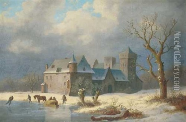 Winterlandschaft Mit Einer Burg Und Eislaufern Oil Painting - Caesar Bimmermann