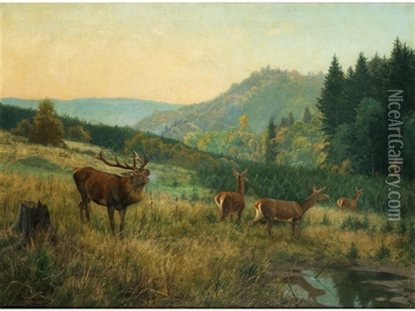 Hirsche Am Waldesrand Oil Painting - Carl Zimmermann