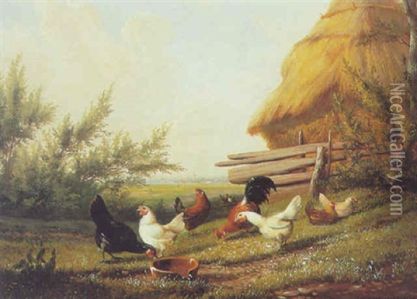 Poultry In A Yard Oil Painting - Frans Van Leemputten