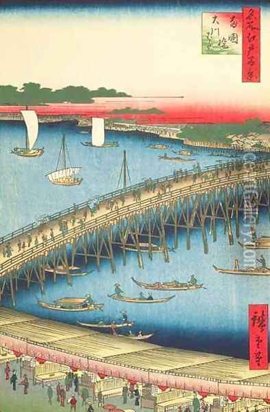 Ryogoku Bridge and the Great Riverbank no 59 from One Hundred famous Views of Edo Oil Painting - Utagawa or Ando Hiroshige