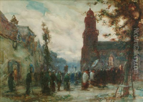 Processionbefore A Church Oil Painting - Thomas William Morley