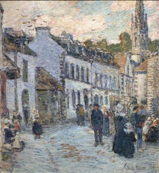 Street In Pont Aven-evening Oil Painting - Childe Hassam