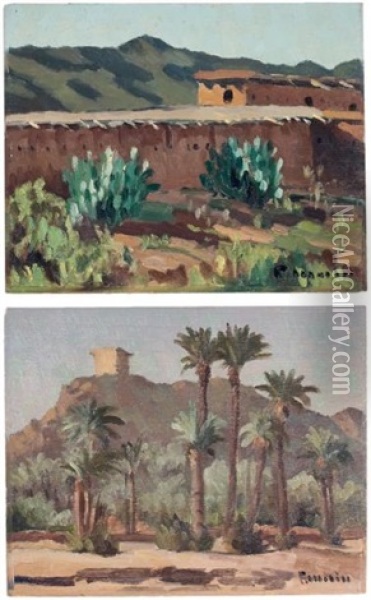 Le Fort De Gueliz Et Palmeraie - Kasbahs Et Jardins A Ait-ischak (2 Works) Oil Painting - Louis Morere