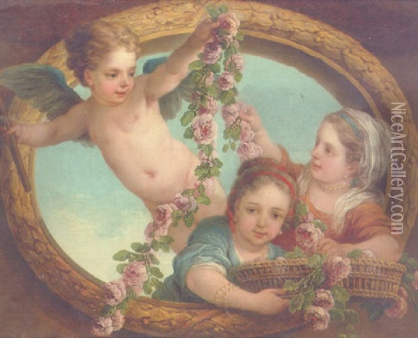 Cupid Handing A Garland Of Flowers To Two Girls Oil Painting - Carle van Loo