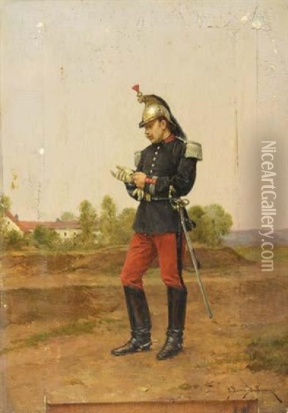 Militaire Enfilant Son Gant Oil Painting - Etienne Prosper Berne-Bellecour