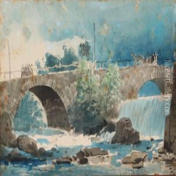Landscape With Figures And Carriage On A Viaduct Oil Painting - C. F. Sorensen