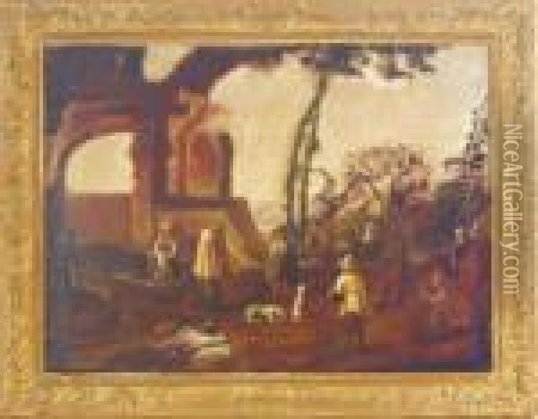 Travelers Having A Meal By A Ruined Arch Oil Painting - Jan Miel
