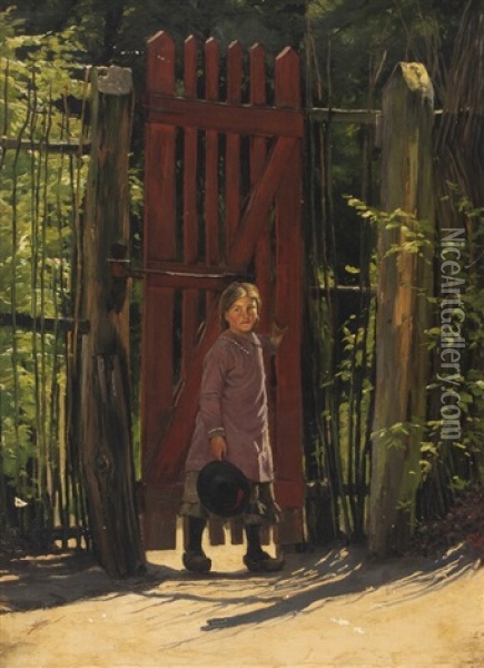 Scenery With A Little Girl At A Red Gate Oil Painting - Sophie Holten