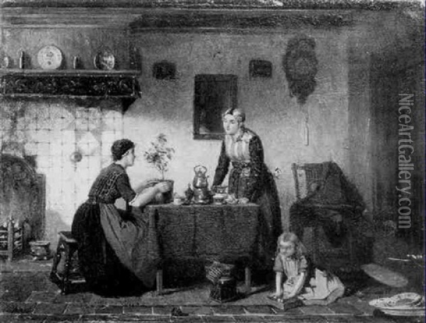 A Frysian Interior With Women In Traditional Costume Oil Painting - Sipke (Cornelis) Kool