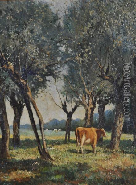 Cattle In A Wooded Pasture Oil Painting - Otto Johann Heinrich Heyden