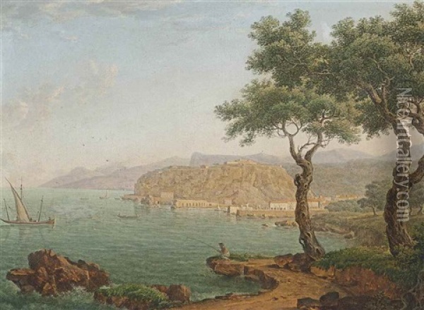 A Coastal Landscape, With An Angler On The Shore, Fishing Boats And Other Vessels On The Water, The Town Of Tropea Beyond Oil Painting - Johann Jacob Mueller de Riga