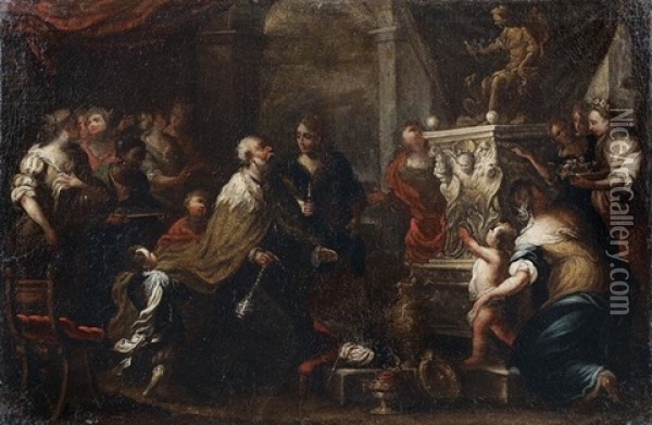 Salomon Sacrifiant Aux Idoles (+ Moise Sauve Des Eaux; Pair) Oil Painting - Bartolomeo Biscaino