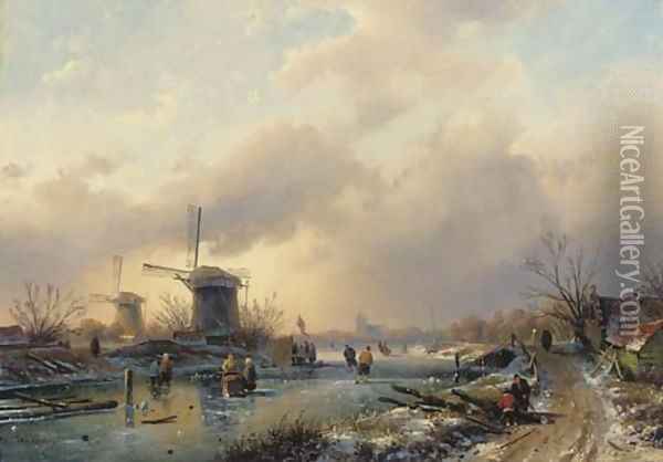 Figures on the ice by a koek en zopie, a country road leading to a town in the distance Oil Painting - Charles Henri Leickert