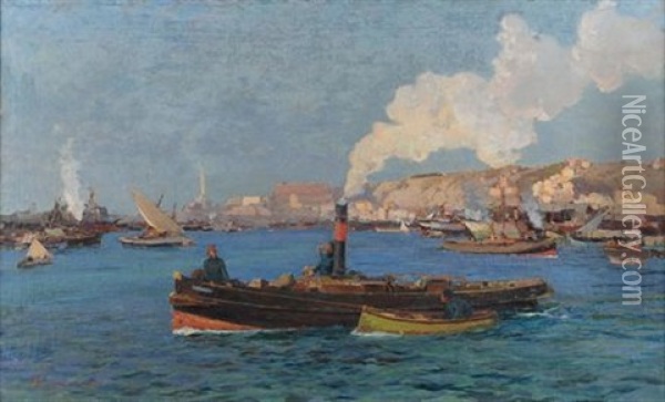 Veduta Del Porto Di Genova Con Rimorchiatori Oil Painting - Andrea Figari