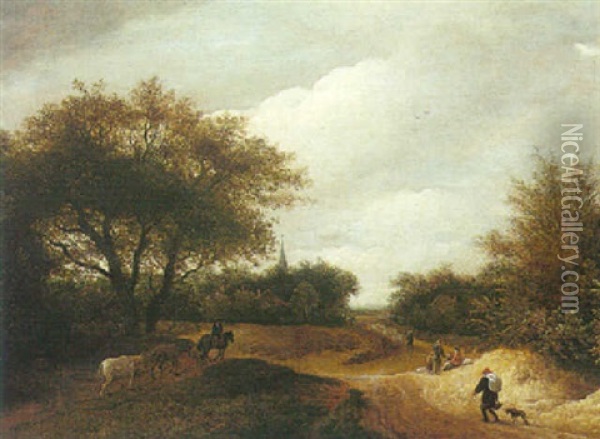 A Wooded Dune Landscape With Travellers And Horses Being Led Down A Track, A Church Spire And Village Beyond Oil Painting - Guillam Dubois