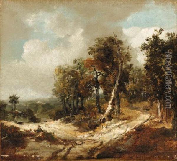 A Wooded Landscape With A Traveller Seated At A Fork In Thepath Oil Painting - Thomas Gainsborough