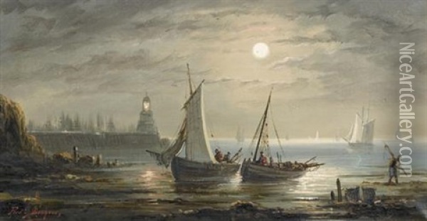 Abendliche Kustenpartie Mit Hafen Und Schiffen Oil Painting - Ferdinand Bonheur