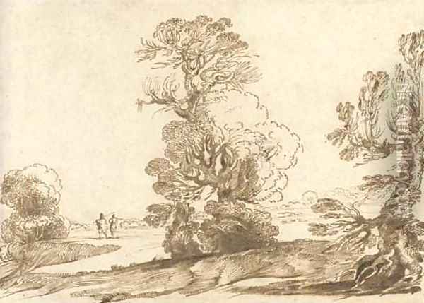A extensive wooded landscape with two travellers on a road Oil Painting - Giovanni Francesco Barbieri