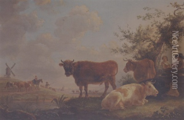 Cattle And Drovers In An Extensive Landscape Oil Painting - Jean-Baptiste De Roy