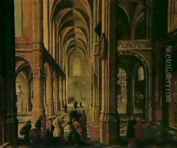 A Cathedral Interior With Christ And The Adultress Oil Painting - Bartholomeus Van Bassen
