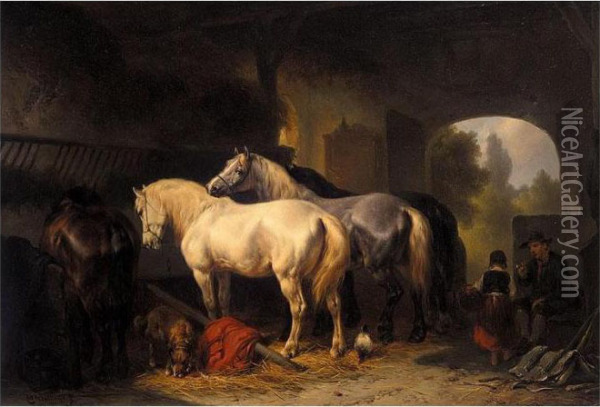 Four Horses In A Stable Oil Painting - Wouterus Verschuur