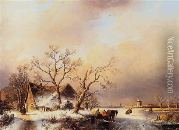 Winterlandschap Met Figuren Op Het Ijs En Boerderijen Oil Painting - Andreas Schelfhout