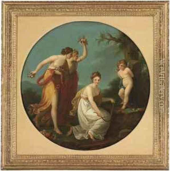 Three Muses With Cupid In A Landscape Oil Painting - Angelica Kauffmann