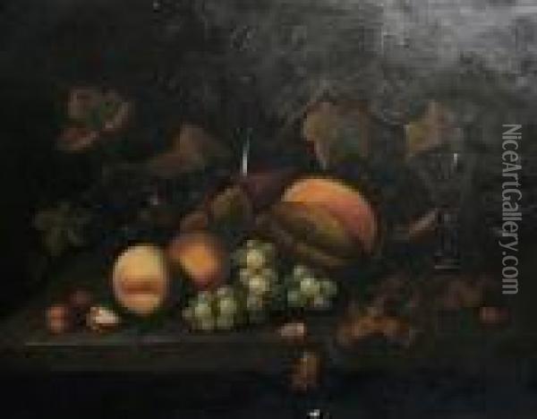 Still Life With Fruit, Nuts And A Decanter On A Ledge Oil Painting - Tobias Stranover