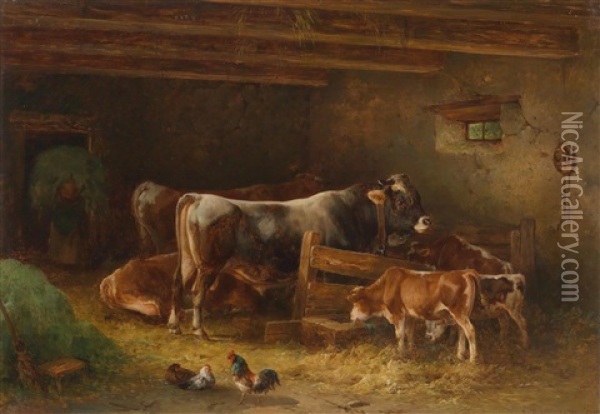 Stallinterieur Mit Huhnern Oil Painting - Edmund Mahlknecht