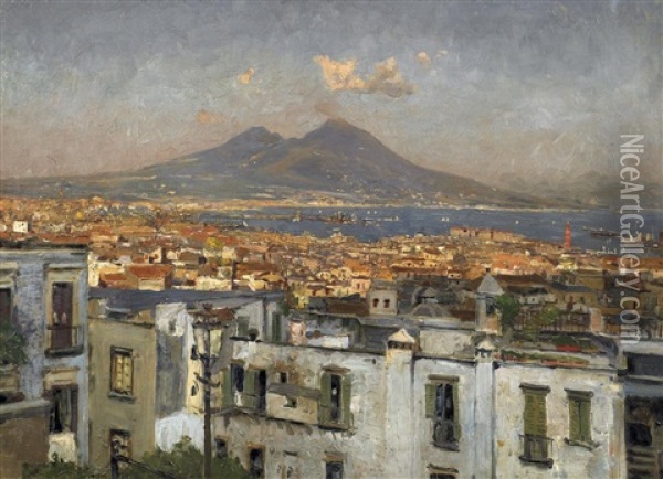 Neapel. Blick Uber Die Stadt Auf Die Hafenanlage Und Den Vesuv Oil Painting - Heinrich Hermanns
