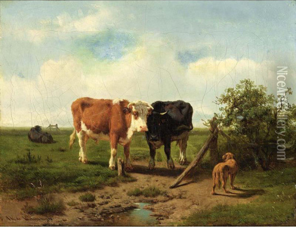 Three Cows And A Dog In A Meadow Oil Painting - Arie Ketting De Koningh