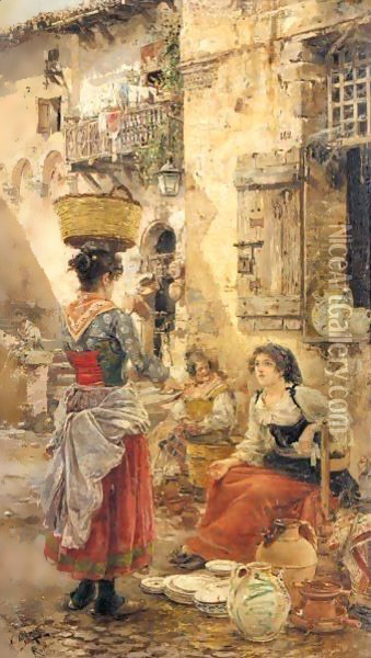 La Vendedora De Loza (The Pottery Seller) Oil Painting - Vicente March y Marco