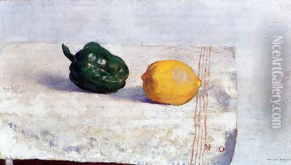 Pepper And Lemon On A White Tablecloth Oil Painting - Odilon Redon