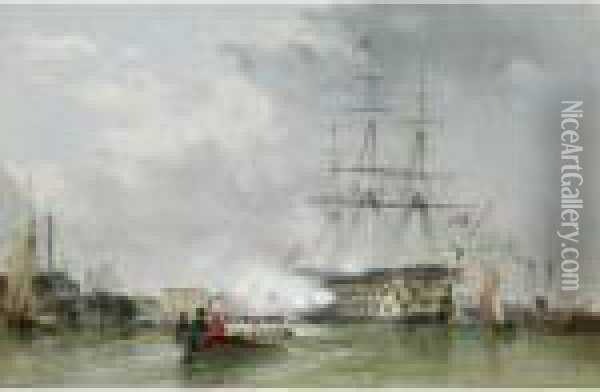 Gosport, The Flagship Victory Saluting Oil Painting - Edward William Cooke