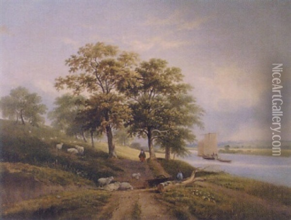 River Scene At Postwick Oil Painting - Samuel David Colkett