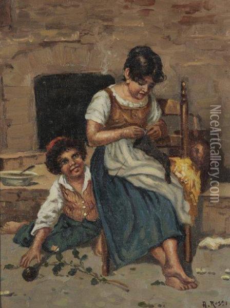 Jeune Fille Tricotant Et Enfant S'amusant Oil Painting - Alberto Rossi
