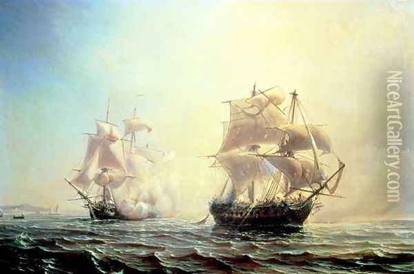Combat between the frigate LEmbuscade and the Boston in the Port of New York in 1793 Oil Painting - Theodore Gudin