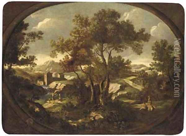 A landscape with travellers at rest by a river, other figures on a path, a walled town beyond Oil Painting - Gianbattista Cimaroli