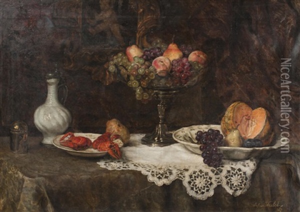 Still Life With Fruit And Lobsters Oil Painting - Anton Wrabetz