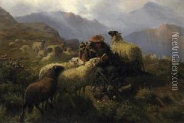 Shepherds And His Sheep In The 
Scottish Highlands. Signed And Dated Bottom Right: Schenck 64 Oil Painting - August Friedrich Schenck
