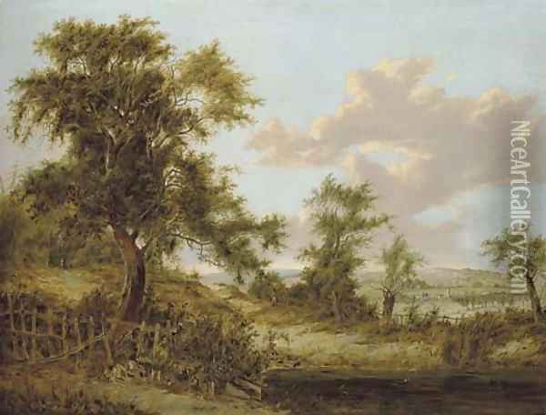 A wooded landscape in Surrey with figures, the village of Godstone beyond Oil Painting - Patrick Nasmyth