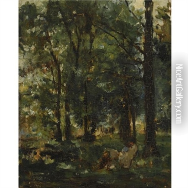 Resting Figures In A Forest Landscape Oil Painting - Otto Willem Albertus Roelofs