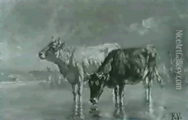 Zwei Kuhe An Der Tranke Im Seichten Uferwasser Eines Sees Oil Painting - Richard Voltz