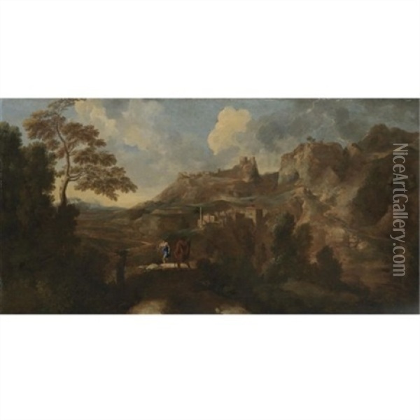 Southern Landscape With Figures On A Path Oil Painting - Gaspard Dughet